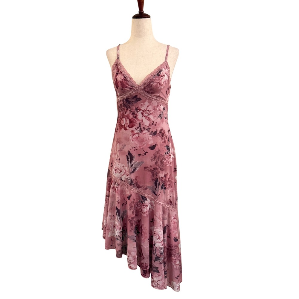 Madden NYC Floral Asymmetrical Midi Dress Womens Small Pink Lace Y2K Fairycore